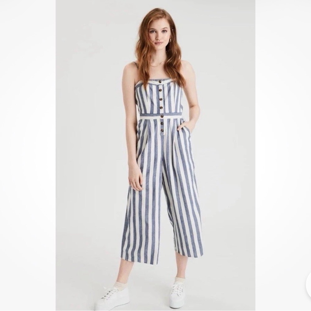 American Eagle Striped Blue & White Wide-Leg Jumpsuit